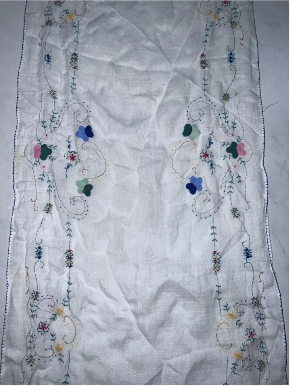 Unbranded Table Runner One Size White Multi-color Floral Embroidered Linen